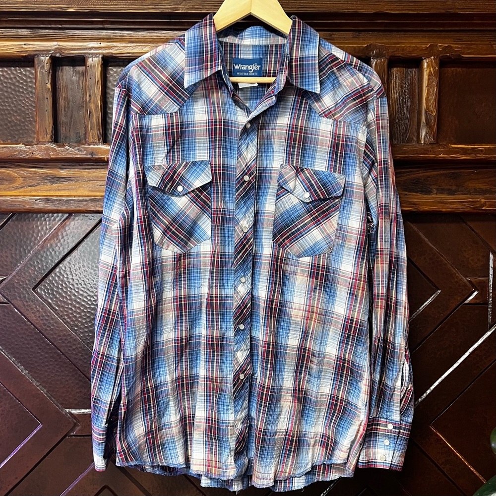 Wrangler Men's Blue Plaid Pearl Snap Long-sleeve Shirt, Size Large